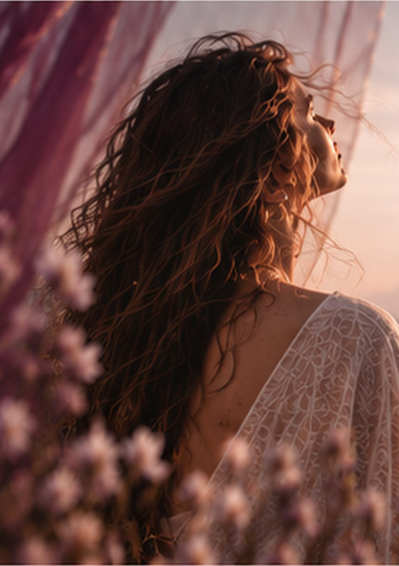 Femme en robe blanche contemplant les montagnes au coucher du soleil